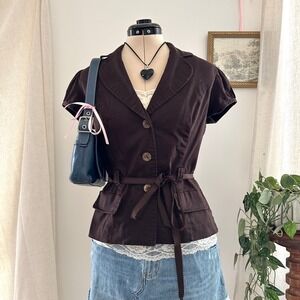 Vintage y2k Womens Brown Button Up Belted Top Size 8 (medium) Dark Academia Goth